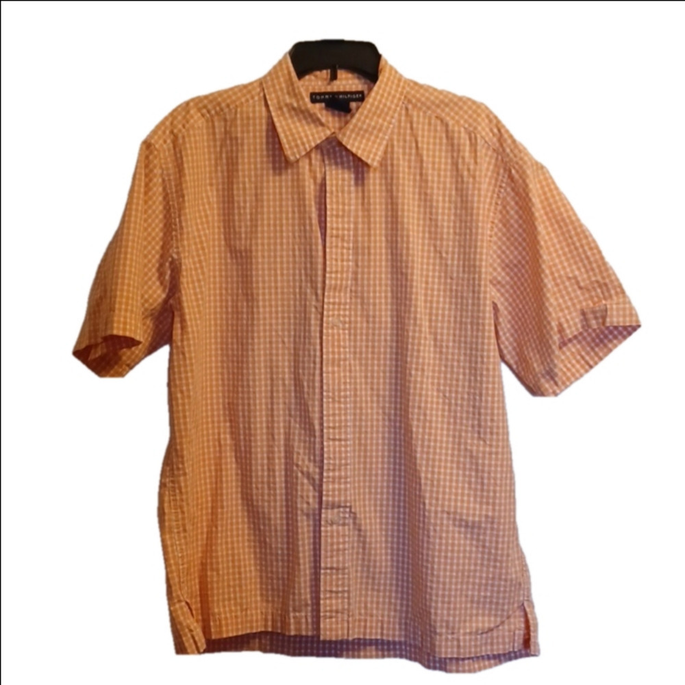 TOMMY HILFIGER, ORANGE, AND WHITE CHECKERED MENS SHIRT, SIZE LARGE. BUTT…